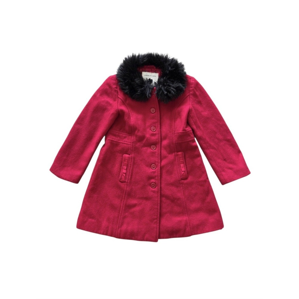 Janie & Jack Girls Wool Coat Size 5 Red Faux Fur Collar Preppy Holiday Winter